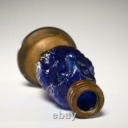 ANTIQUE COBALT BLUE GLASS OWL OIL LAMP BASE, NUSERY LAMP, c. 1890s