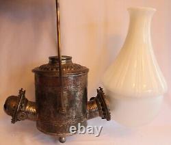 ANTIQUE DOUBLE ANGLE LAMP CO. KEROSENE ANGLE LAMP withMILK GLASS & FROSTED SHADE