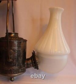 ANTIQUE DOUBLE ANGLE LAMP CO. KEROSENE ANGLE LAMP withMILK GLASS & FROSTED SHADE