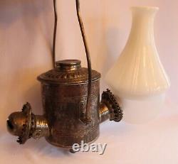 ANTIQUE DOUBLE ANGLE LAMP CO. KEROSENE ANGLE LAMP withMILK GLASS & FROSTED SHADE