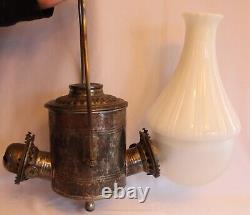 ANTIQUE DOUBLE ANGLE LAMP CO. KEROSENE ANGLE LAMP withMILK GLASS & FROSTED SHADE