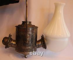 ANTIQUE DOUBLE ANGLE LAMP CO. KEROSENE ANGLE LAMP withMILK GLASS & FROSTED SHADE