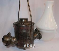 ANTIQUE DOUBLE ANGLE LAMP CO. KEROSENE ANGLE LAMP withMILK GLASS & FROSTED SHADE