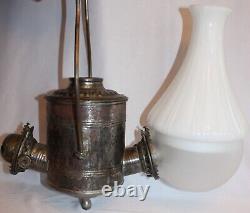 ANTIQUE DOUBLE ANGLE LAMP CO. KEROSENE ANGLE LAMP withMILK GLASS & FROSTED SHADE