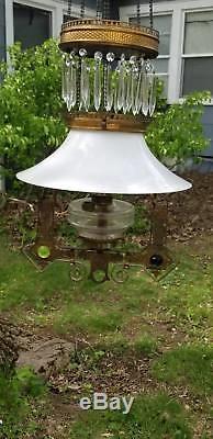 ANTIQUE EASTLAKE STYLE, JEWELED, HEAVY CAST BRASS HANGING LAMP withPRISMS
