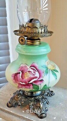 ANTIQUE GONE with THE WIND FLORAL PARLOR OIL LAMP CONVERTED TO ELECTRIC