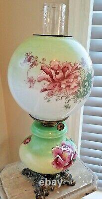 ANTIQUE GONE with THE WIND FLORAL PARLOR OIL LAMP CONVERTED TO ELECTRIC