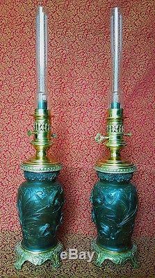 ANTIQUE GORGEOUS 19thc JAPANESE BRONZE PAIR OF PARLOR BANQUET KEROSENE OIL LAMPS