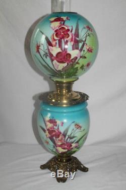 ANTIQUE Gone with the Wind Oil Lamp with ORCHIDS Fancy Font Ring and Base