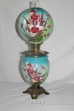 ANTIQUE Gone with the Wind Oil Lamp with ORCHIDS Fancy Font Ring and Base