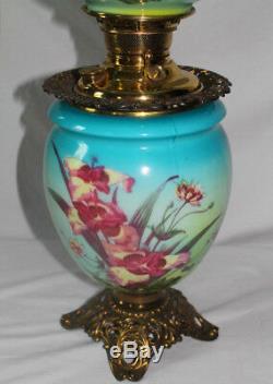 ANTIQUE Gone with the Wind Oil Lamp with ORCHIDS Fancy Font Ring and Base