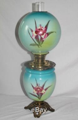 ANTIQUE Gone with the Wind Oil Lamp with ORCHIDS Fancy Font Ring and Base