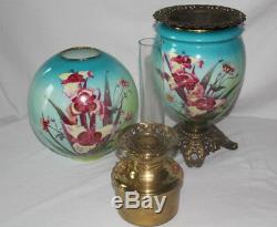 ANTIQUE Gone with the Wind Oil Lamp with ORCHIDS Fancy Font Ring and Base