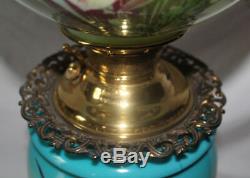 ANTIQUE Gone with the Wind Oil Lamp with ORCHIDS Fancy Font Ring and Base