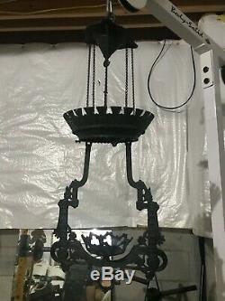 ANTIQUE HANGING KEROSENE BASE OIL LAMP FIXTURE CAST IRON Dated 1887