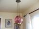 ANTIQUE HANGING OIL LAMP, pink glass, dimpled. BEAUTIFUL