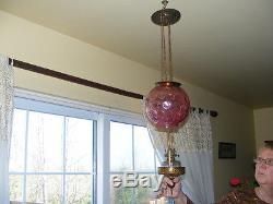 ANTIQUE HANGING OIL LAMP, pink glass, dimpled. BEAUTIFUL