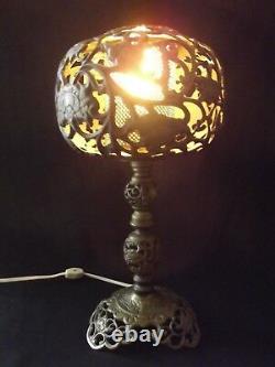 ANTIQUE HURRICANE LAMP parlor solid brass Vintage GWTW Table Flowers 1920's oil