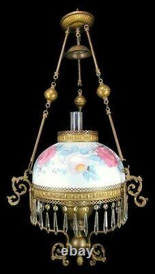 ANTIQUE HURRICANE OIL LAMP large hanging ceiling HAND PAINTED cast iron SIGNED
