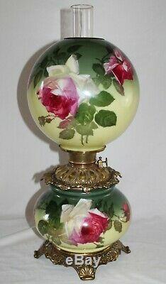 ANTIQUE Hand Painted Gone with the Wind Oil Lamp with ROSES ALL ORIGINAL