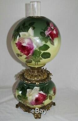 ANTIQUE Hand Painted Gone with the Wind Oil Lamp with ROSES ALL ORIGINAL