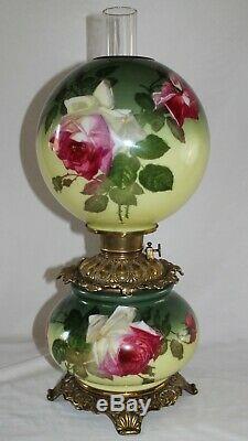 ANTIQUE Hand Painted Gone with the Wind Oil Lamp with ROSES ALL ORIGINAL