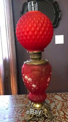 ANTIQUE Hand Painted Red Satin Glass Oil Lamp Gone With the Wind Parlor Lamp