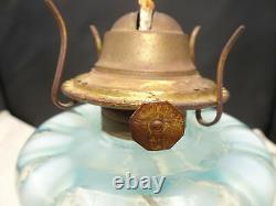 ANTIQUE KING BLUE GLASS OPALESCENT DOTS KEROSENE OIL LAMP BASE with CHIMNEY