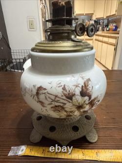 ANTIQUE Late 1800s HAND PAINTED FLORAL Oil Lamp Complete Dual Wick
