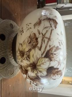 ANTIQUE Late 1800s HAND PAINTED FLORAL Oil Lamp Complete Dual Wick