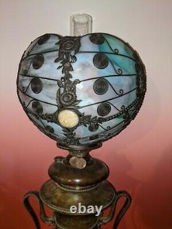 ANTIQUE MILLER OIL LAMP WITH BENT PANEL NOVELTY Co. DRAGONFLY SHADE TIFFANY ERA