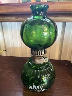 ANTIQUE Miniature Oil Lamp Green Glass Embossed Flowers Leaves HB& H Twilight