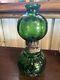 ANTIQUE Miniature Oil Lamp Green Glass Embossed Flowers Leaves HB& H Twilight