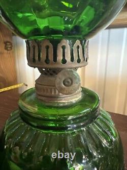 ANTIQUE Miniature Oil Lamp Green Glass Embossed Flowers Leaves HB& H Twilight