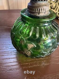 ANTIQUE Miniature Oil Lamp Green Glass Embossed Flowers Leaves HB& H Twilight