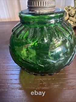 ANTIQUE Miniature Oil Lamp Green Glass Embossed Flowers Leaves HB& H Twilight