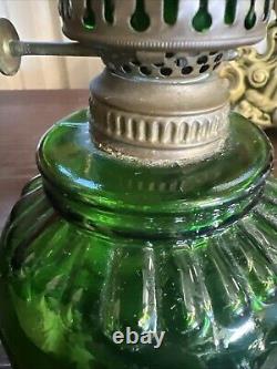 ANTIQUE Miniature Oil Lamp Green Glass Embossed Flowers Leaves HB& H Twilight