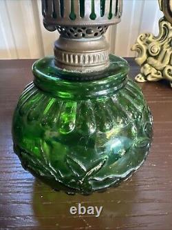 ANTIQUE Miniature Oil Lamp Green Glass Embossed Flowers Leaves HB& H Twilight