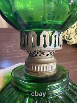 ANTIQUE Miniature Oil Lamp Green Glass Embossed Flowers Leaves HB& H Twilight