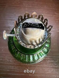 ANTIQUE Miniature Oil Lamp Green Glass Embossed Flowers Leaves HB& H Twilight