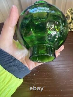 ANTIQUE Miniature Oil Lamp Green Glass Embossed Flowers Leaves HB& H Twilight