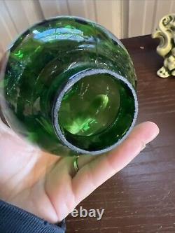 ANTIQUE Miniature Oil Lamp Green Glass Embossed Flowers Leaves HB& H Twilight