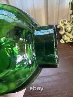 ANTIQUE Miniature Oil Lamp Green Glass Embossed Flowers Leaves HB& H Twilight
