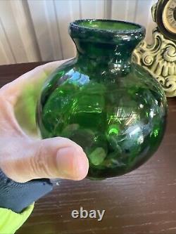 ANTIQUE Miniature Oil Lamp Green Glass Embossed Flowers Leaves HB& H Twilight