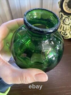 ANTIQUE Miniature Oil Lamp Green Glass Embossed Flowers Leaves HB& H Twilight