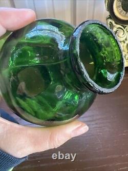 ANTIQUE Miniature Oil Lamp Green Glass Embossed Flowers Leaves HB& H Twilight