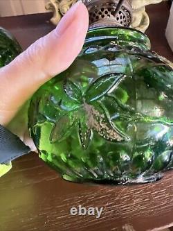 ANTIQUE Miniature Oil Lamp Green Glass Embossed Flowers Leaves HB& H Twilight