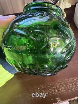 ANTIQUE Miniature Oil Lamp Green Glass Embossed Flowers Leaves HB& H Twilight