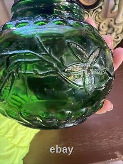 ANTIQUE Miniature Oil Lamp Green Glass Embossed Flowers Leaves HB& H Twilight