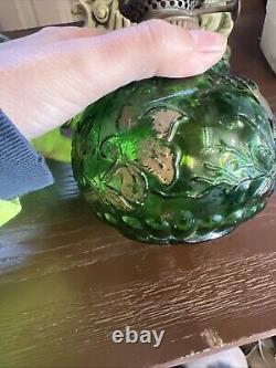 ANTIQUE Miniature Oil Lamp Green Glass Embossed Flowers Leaves HB& H Twilight